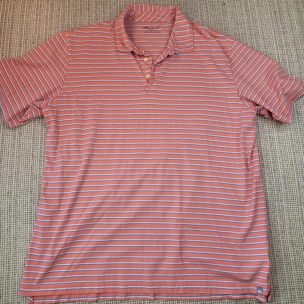 Peter Millar Seaside Polo Shirt Mens XL Pink Stripe Cotton Short Sleeve Casual